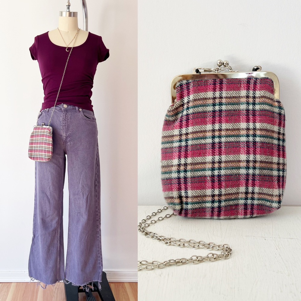 Nanette Lepore Crossbody Bag Pink Plaid Kiss Lock‎ Silver Chain Strap Small